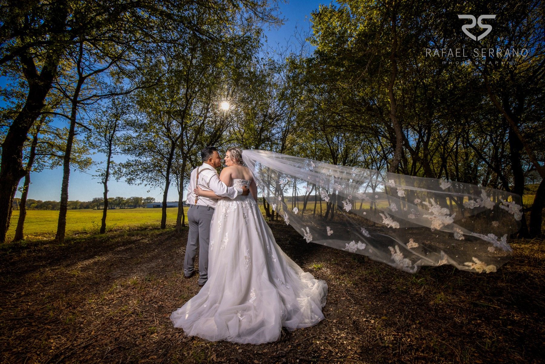 bride and groom posing under green trees