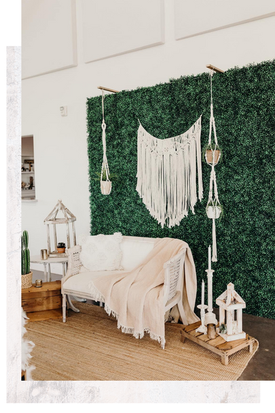 boho decor and greenery wall backdrop